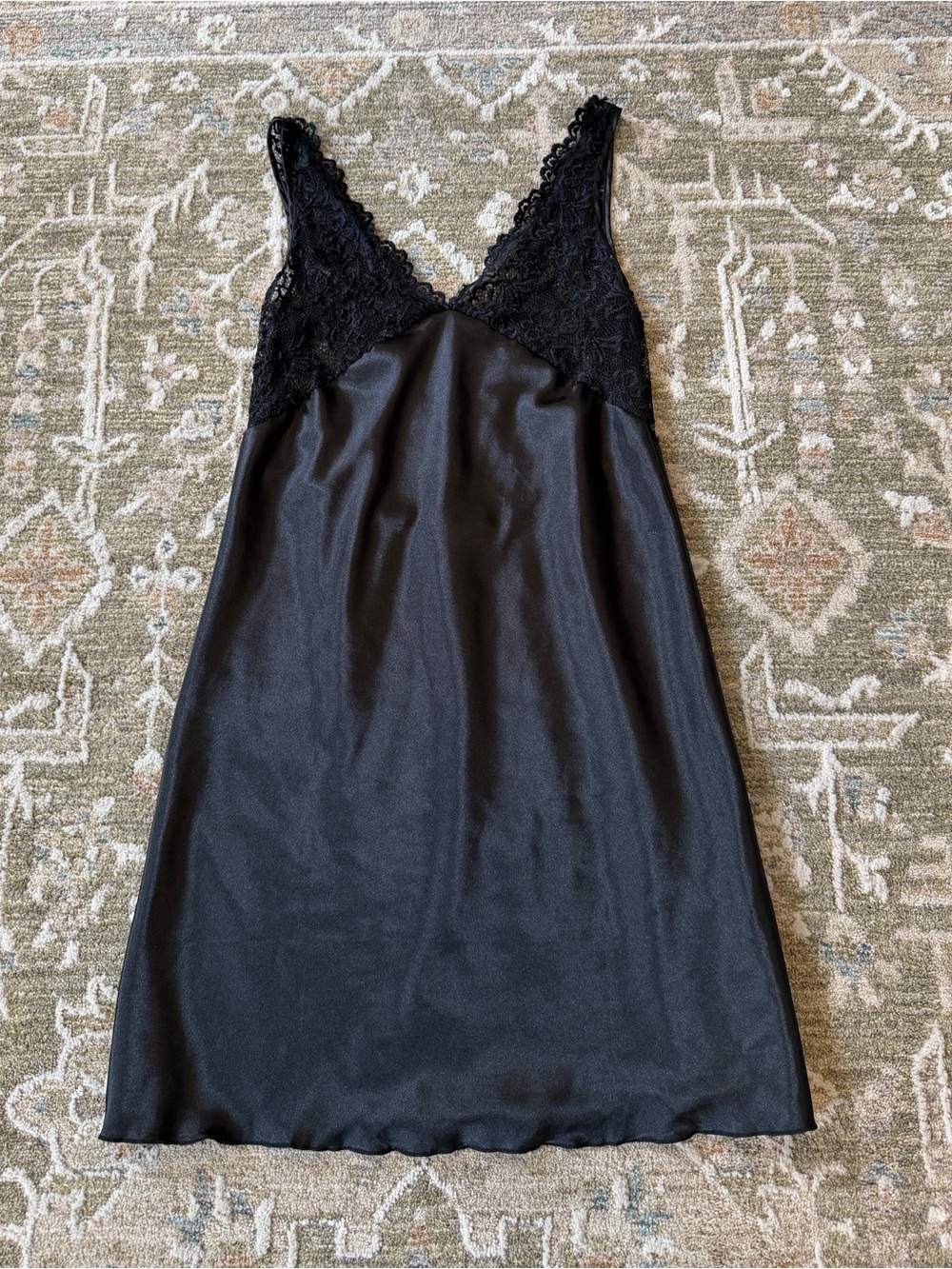 Black Lace V-Neck Satin Slip Dress With Lace Detail